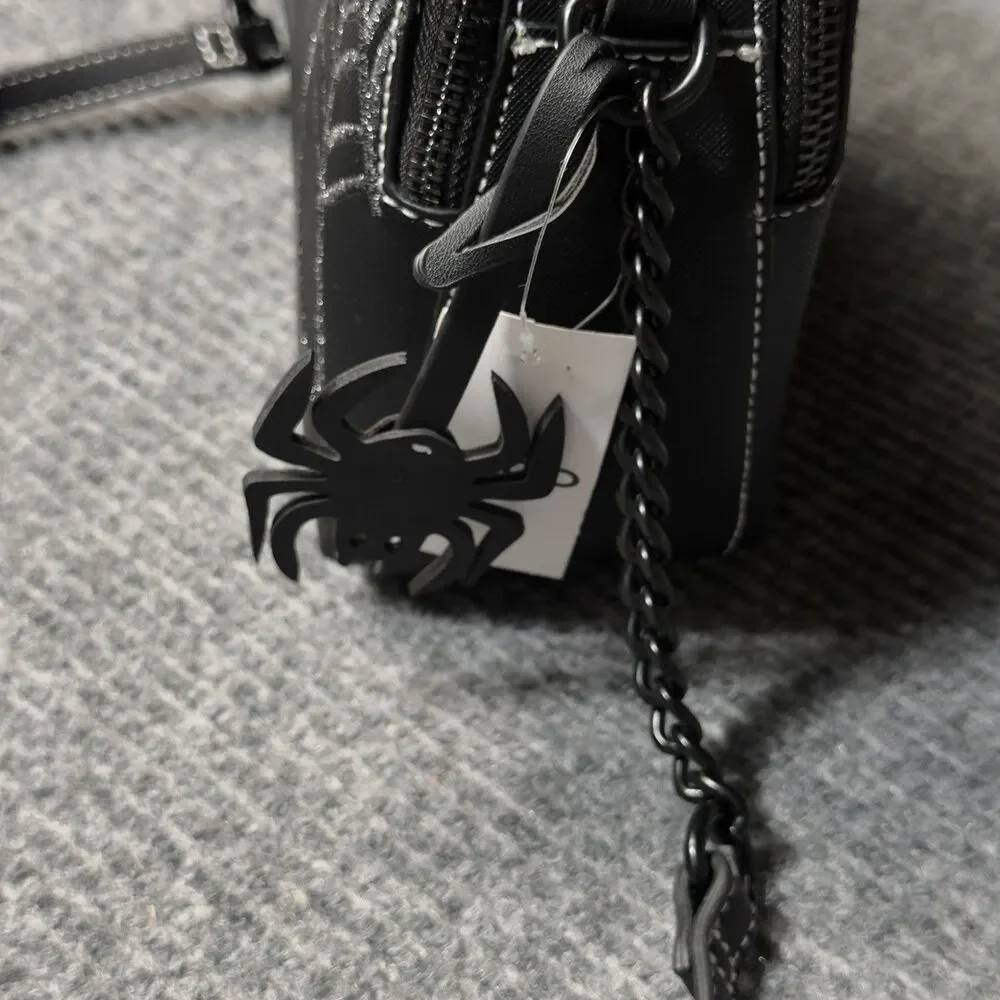 Aldo Black Silver Spider Web Purse Crossbody Bag Spider Charm Halloween Goth NEW